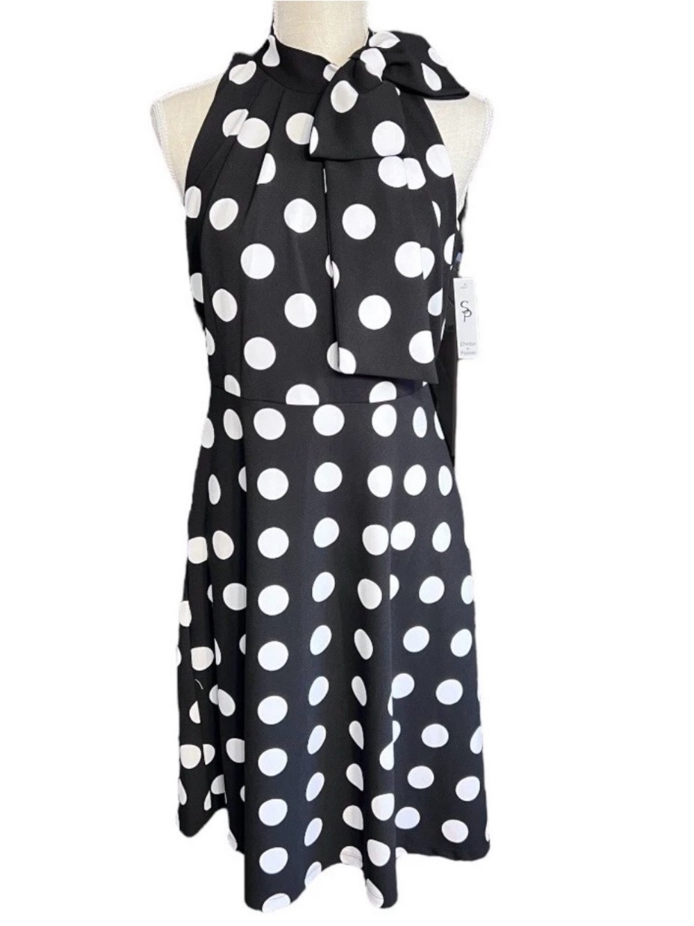 Shelby & Palmer Black and White Polka Dot Midi Dress with Neck Bow